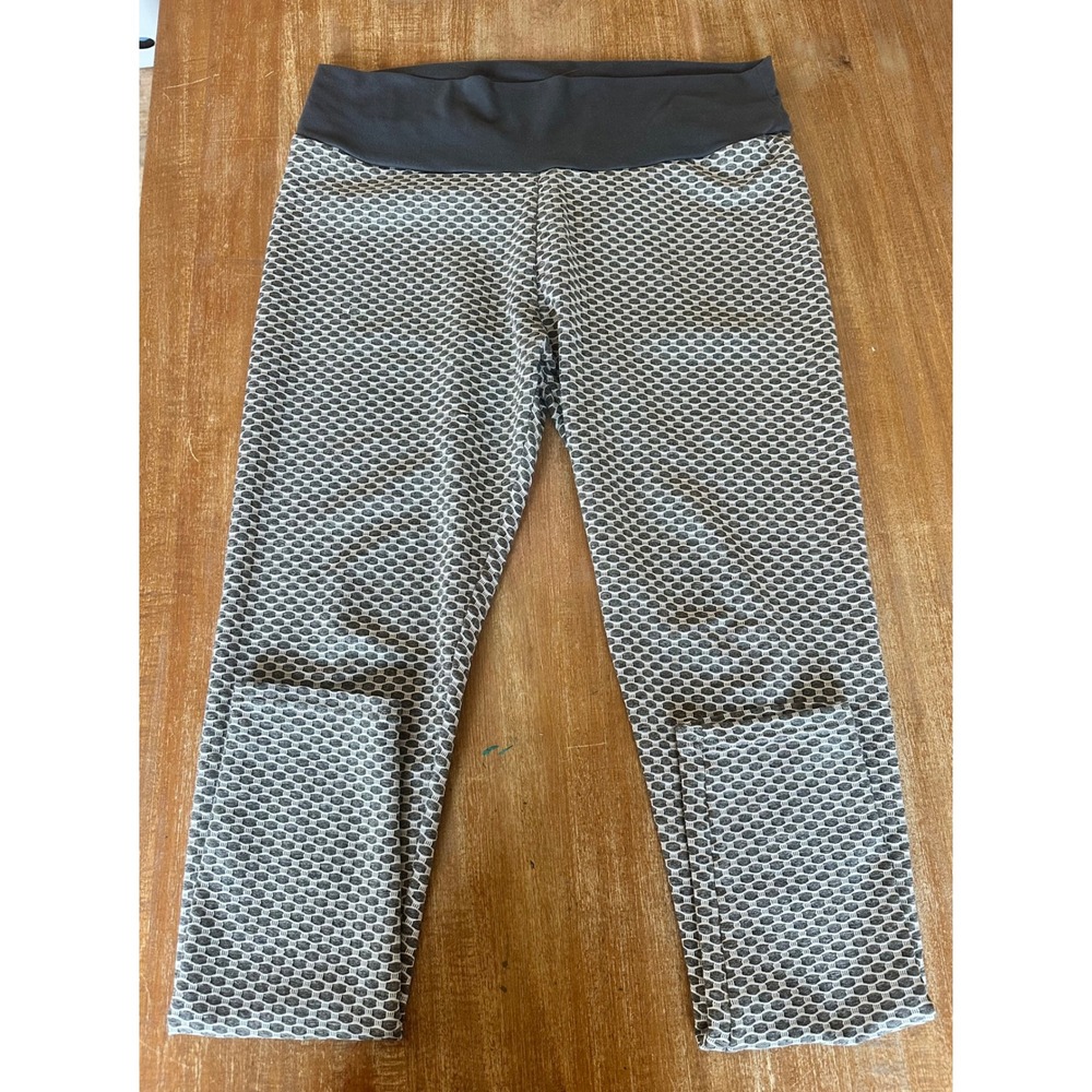 Honeycomb Textured Scrunch Butt Leggings Grey White High Waisted Yoga Pants Sz L